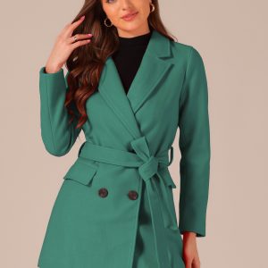 Notch Lapel Double Breasted Belted Mid Long Outwear Winter Coat Green/M - Allegra K catalog