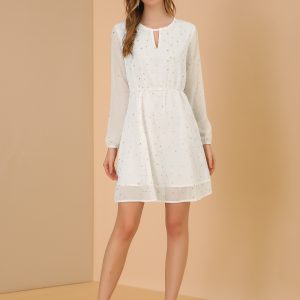 Choker V Neck Flared Gilding Metallic Shiny Star A-Line Dress White/M - Allegra K catalog