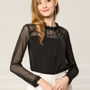 Lace Mesh Long Sleeve Top Round Neck Casual Elegant Blouse Black/M - Allegra K catalog