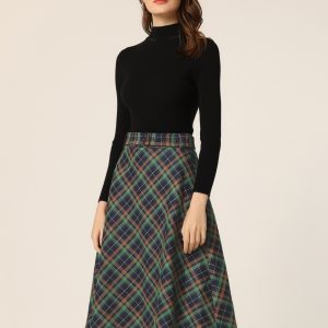 Christmas Tartan Plaid High Waist Belted Vintage A-Line Midi Skirt Blue Green/XS - Allegra K catalog