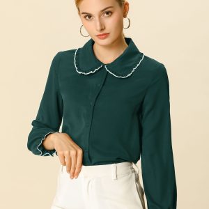 Sweet Ruffle Peter Pan Collar Long Sleeve Button Up Shirt Blackish Green/L - Allegra K catalog