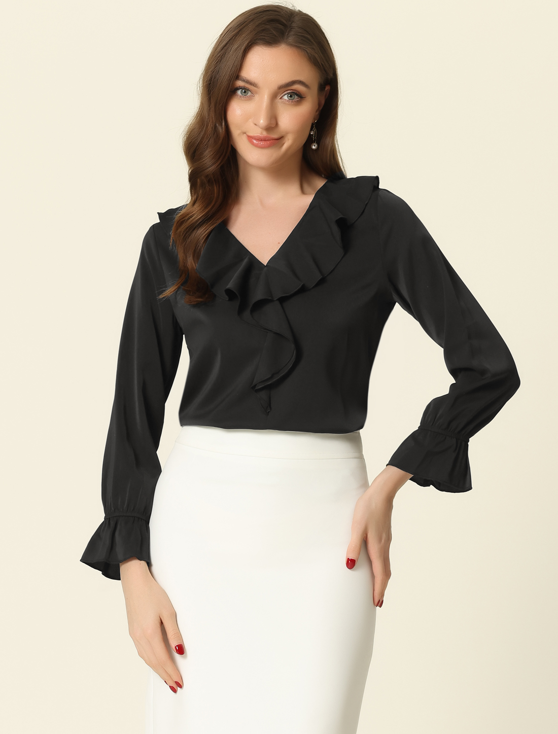 Ruffle Neck Gathered Cuff Long Sleeves Blouse Black/XS - Allegra K catalog
