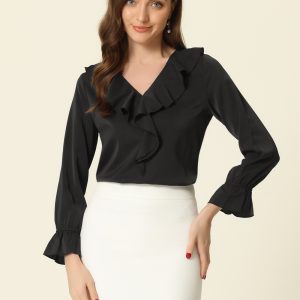 Ruffle Neck Gathered Cuff Long Sleeves Blouse Black/L - Allegra K catalog