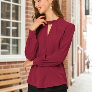 Keyhole Elegant Stand Collar Long Sleeve Chiffon Office Blouse Burgundy/XS - Allegra K catalog