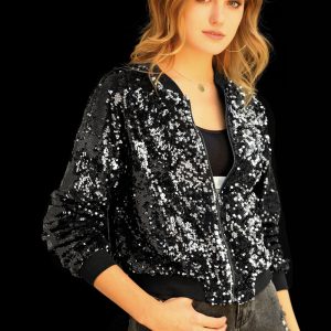 Sequin Sparkle Party Long Sleeve Zipper Bomber Jacket Black/L - Allegra K catalog