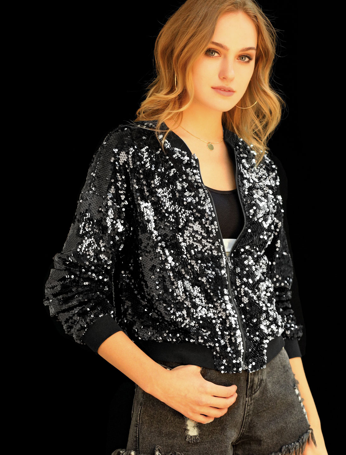 Sequin Sparkle Party Long Sleeve Zipper Bomber Jacket Black/L - Allegra K catalog