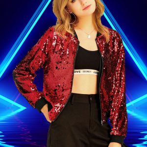 Sequin Sparkle Party Long Sleeve Zipper Bomber Jacket Red/L - Allegra K catalog