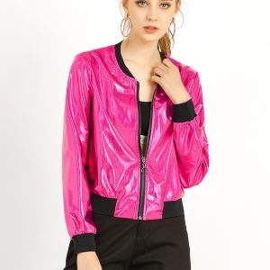 Holographic Shimmering Metallic Lightweight Bomber Jacket Hot Pink/M - Allegra K catalog