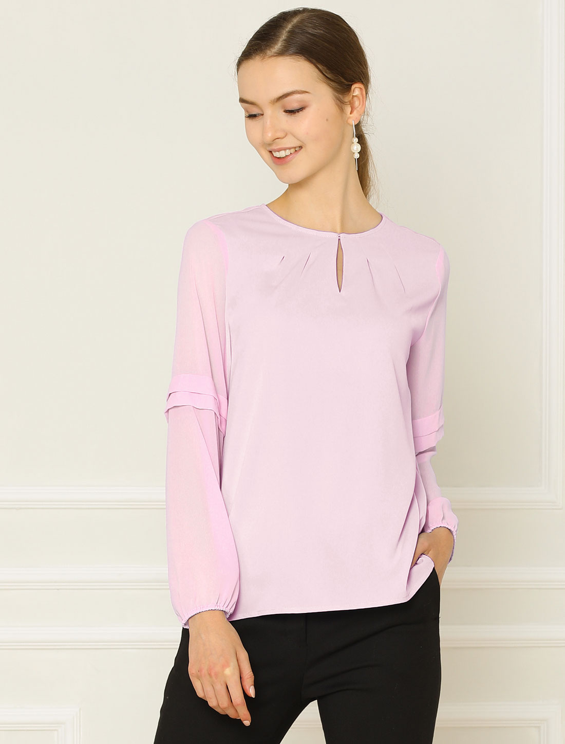 Chiffon Shirt Semi Sheer Keyhole Neck Elegant Blouse Pink/S - Allegra K catalog