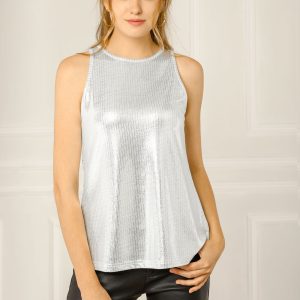 Metallic Sleeveless Shiny Shimmer Party Club Tank Top Light Silver/L - Allegra K catalog
