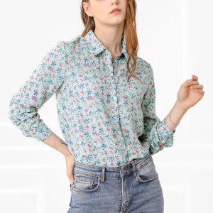 Button Down Floral Long Sleeve Point Collar Blouse Blue/XS - Allegra K catalog