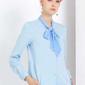 Tie Neck Contrast Color Button Down Long Sleeve Shirt Light Blue/L - Allegra K catalog