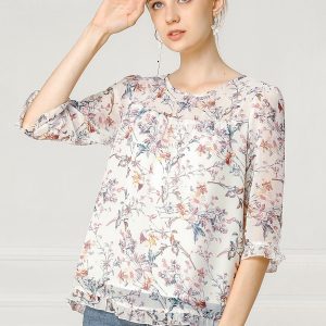 Casual Ruffle 3/4 Sleeve Floral Print Chiffon Blouse White/M - Allegra K catalog