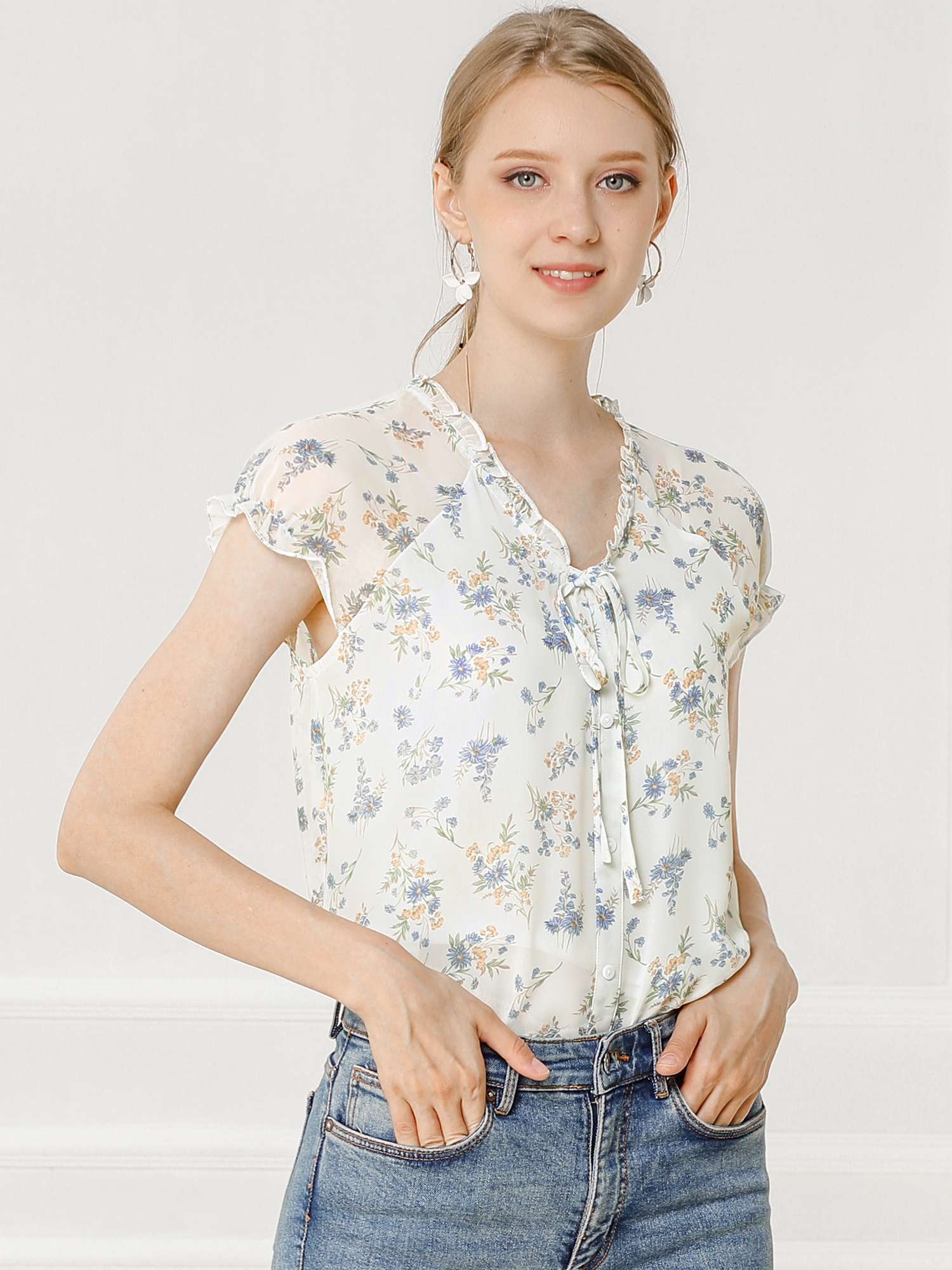 Ditsy Floral Print Chiffon Short Sleeve Ruffle Blouse White Purple/XS - Allegra K catalog