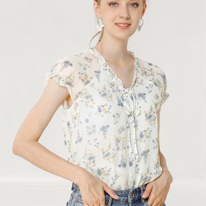 Ditsy Floral Print Chiffon Short Sleeve Ruffle Blouse White Purple/XL - Allegra K catalog