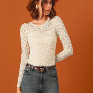 Retro Semi Sheer Puff Long Sleeve Embroidery Lace Blouse Beige/S - Allegra K catalog