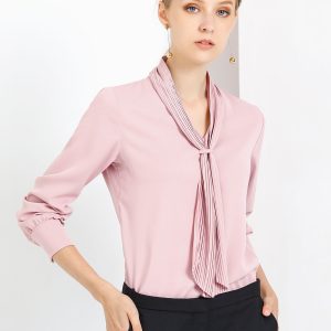 Long Sleeve Chiffon Pleated Tie Neck Office Blouse Pink/M - Allegra K catalog