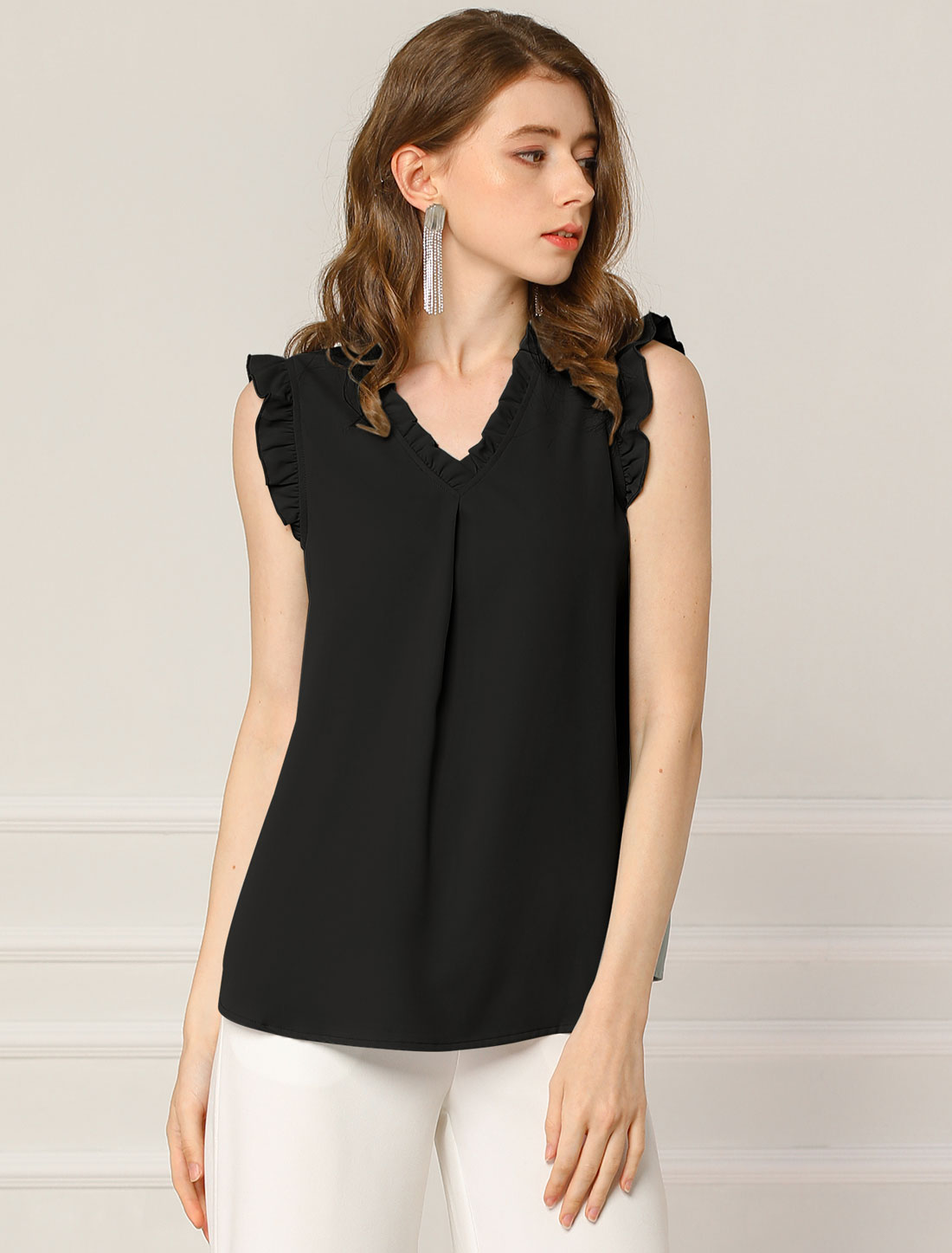 Ruffled Sleeveless Blouse 1950s Vintage Work Business Tops Black/XS - Allegra K catalog