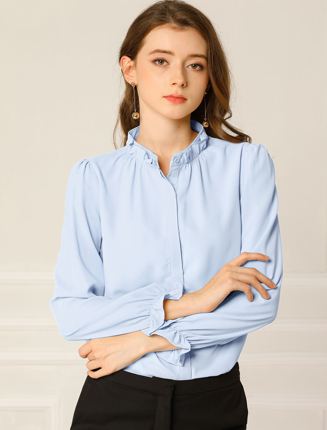 Work Office Blouse Button Up Ruffle Collar Long Sleeve Chiffon Shirt Light Blue/XS - Allegra K catalog