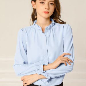 Work Office Blouse Button Up Ruffle Collar Long Sleeve Chiffon Shirt Light Blue/S - Allegra K catalog