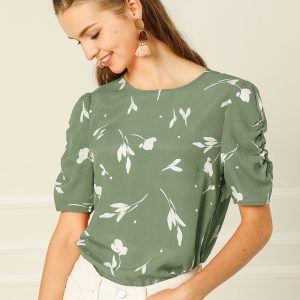 Floral Crew Neck Ruched Sleeve Casual Blouse Green/XS - Allegra K catalog