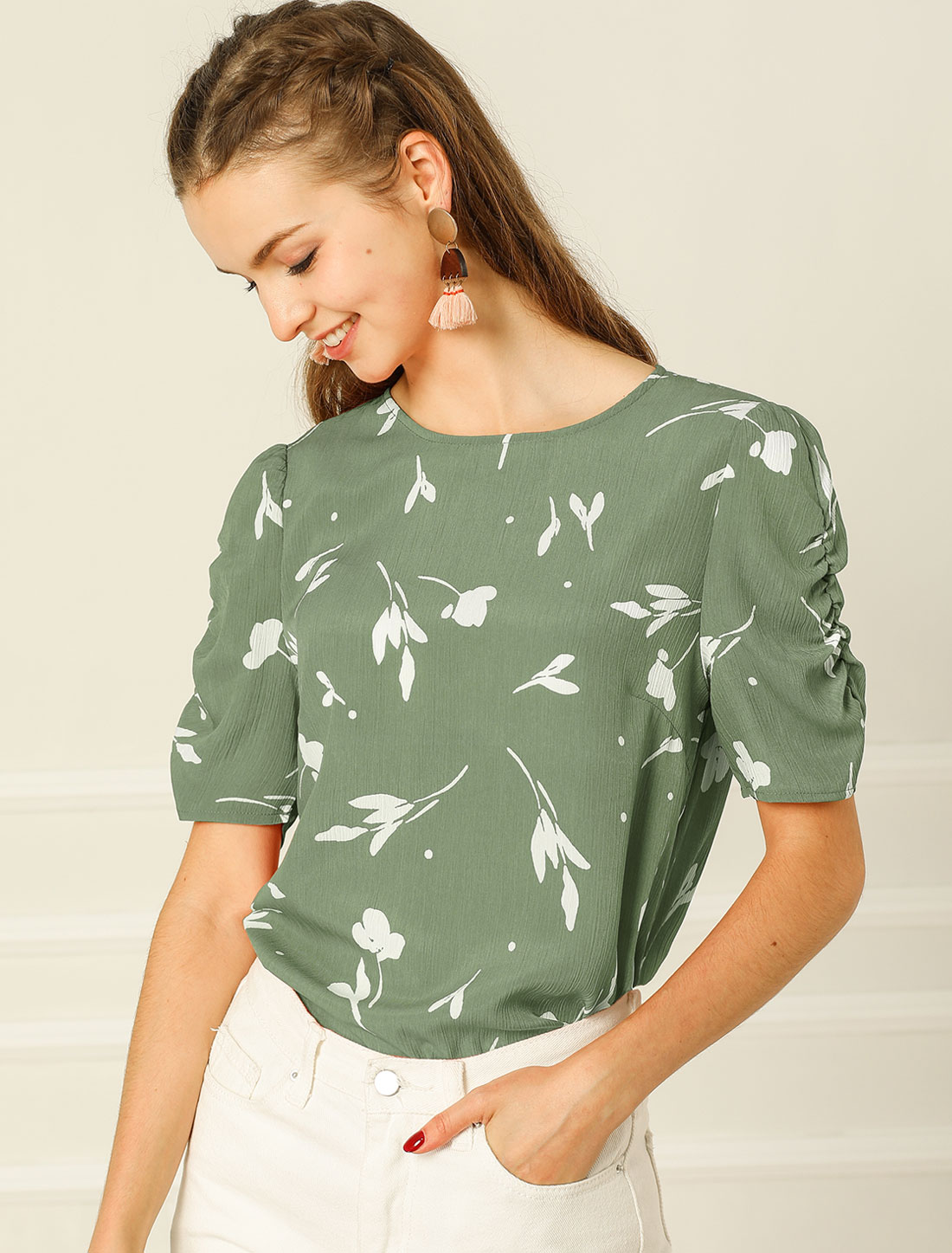 Floral Crew Neck Ruched Sleeve Casual Blouse Green/L - Allegra K catalog