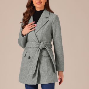 Notch Lapel Double Breasted Belted Mid Long Outwear Winter Coat Grey/L - Allegra K catalog