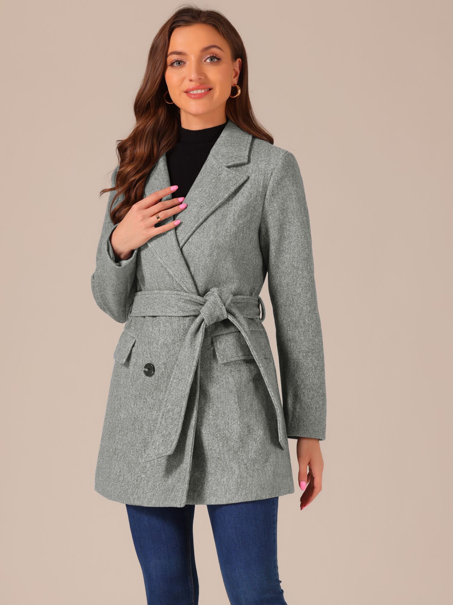 Notch Lapel Double Breasted Belted Mid Long Outwear Winter Coat Grey/L - Allegra K catalog