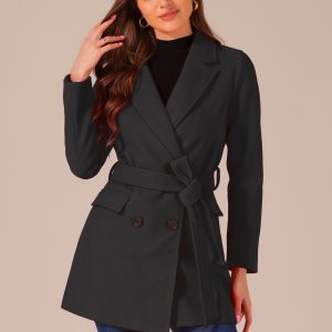 Notch Lapel Double Breasted Belted Mid Long Outwear Winter Coat Black/S - Allegra K catalog