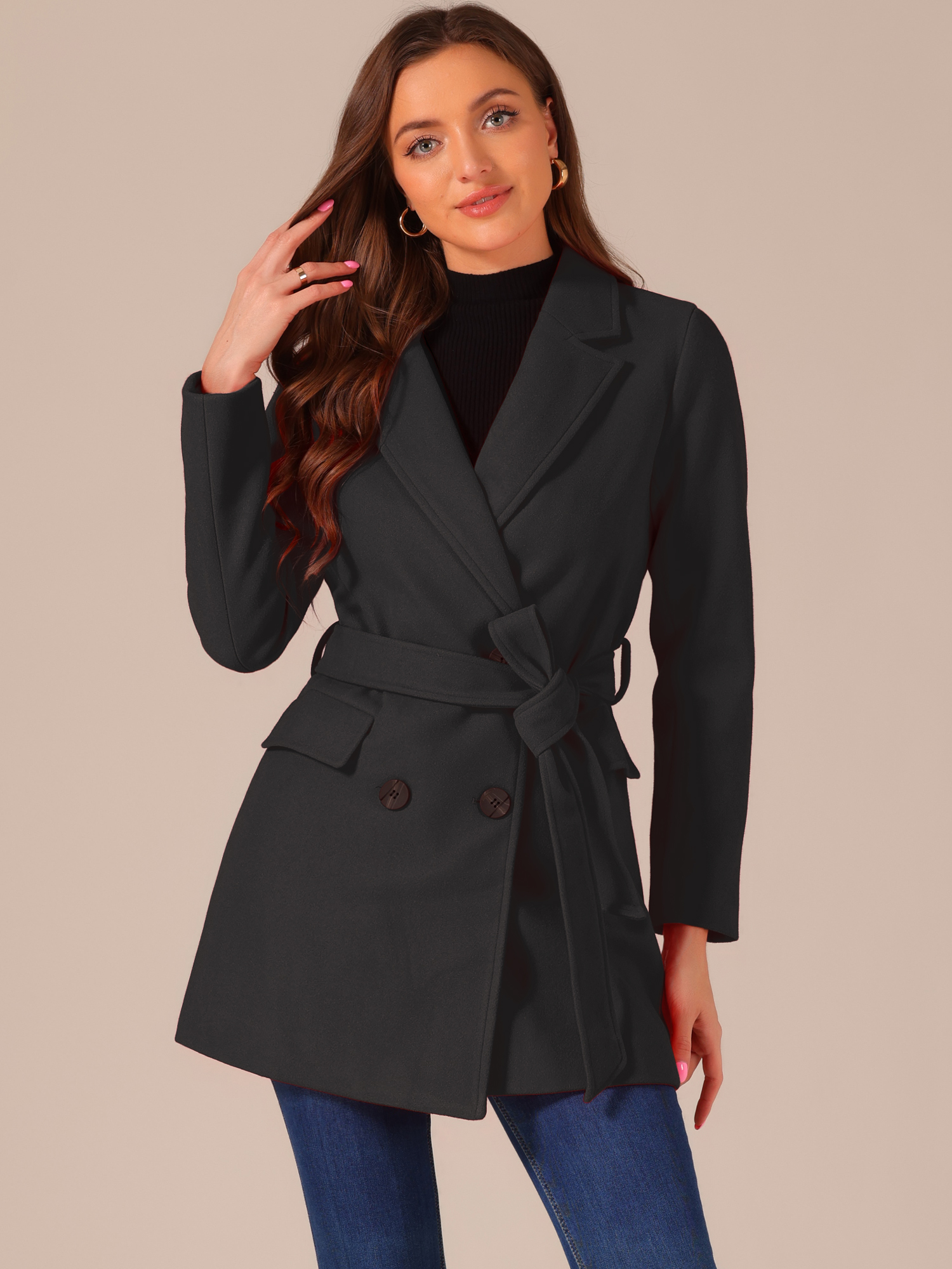 Notch Lapel Double Breasted Belted Mid Long Outwear Winter Coat Black/L - Allegra K catalog