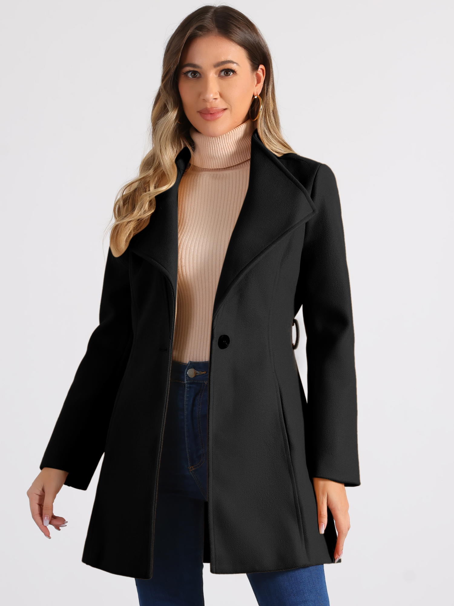 Classic Stand Collar Long Sleeve Winter Belted Coat Black/S - Allegra K catalog