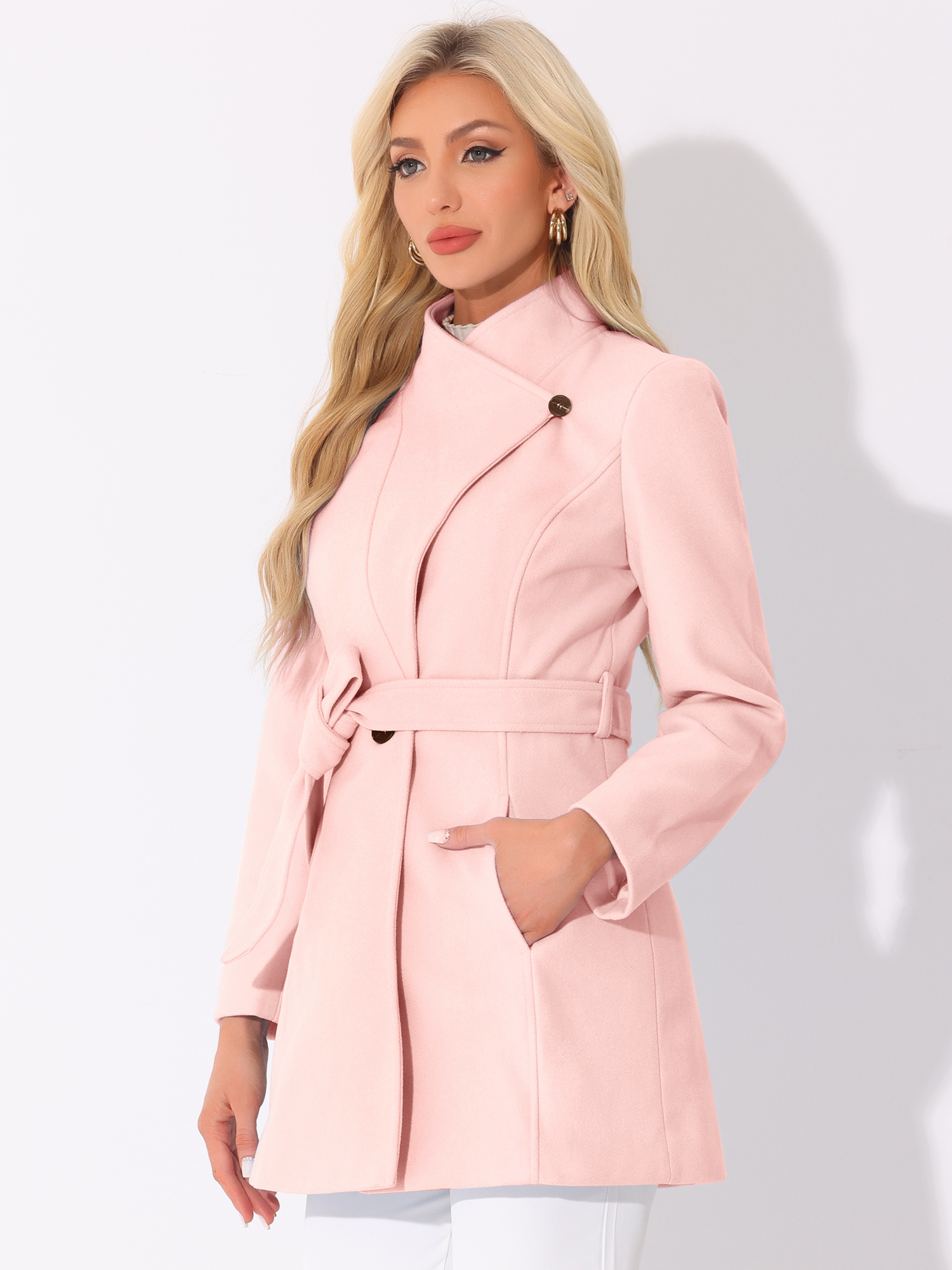 Classic Stand Collar Long Sleeve Belted Winter Coat Pink/S - Allegra K catalog
