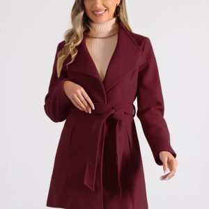 Classic Stand Collar Long Sleeve Winter Belted Coat Burgundy/M - Allegra K catalog