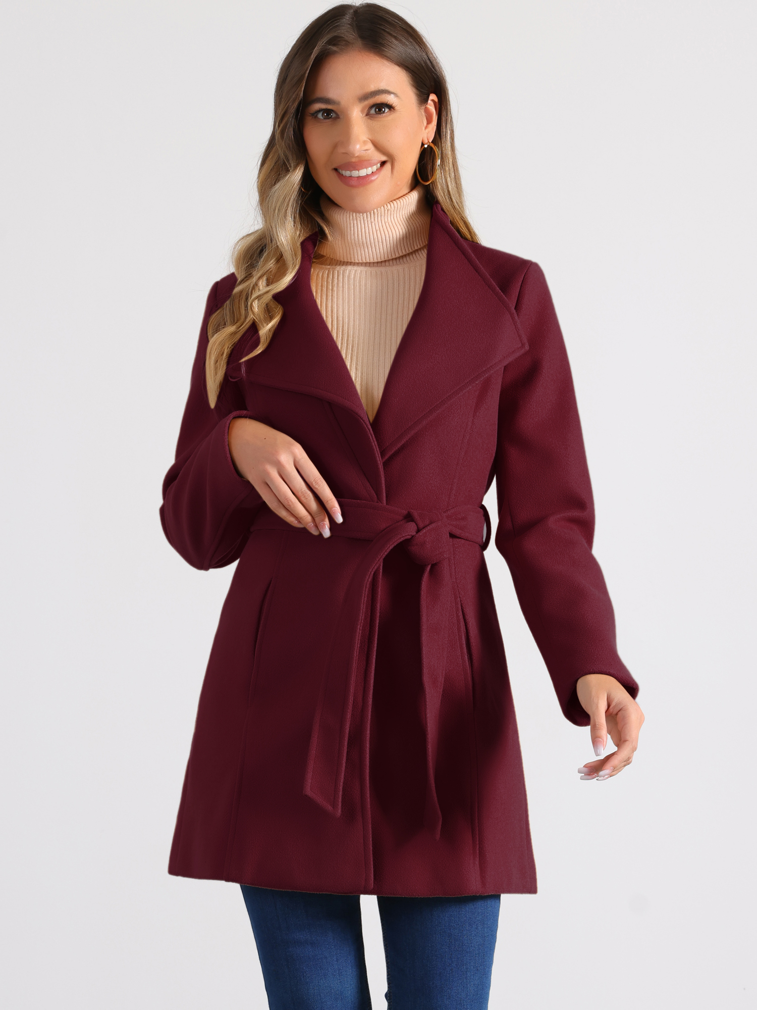 Classic Stand Collar Long Sleeve Winter Belted Coat Burgundy/M - Allegra K catalog