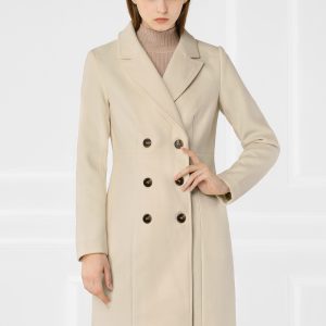Notched Lapel Double Breasted Outwear Winter Long Coat Cream White/XS - Allegra K catalog