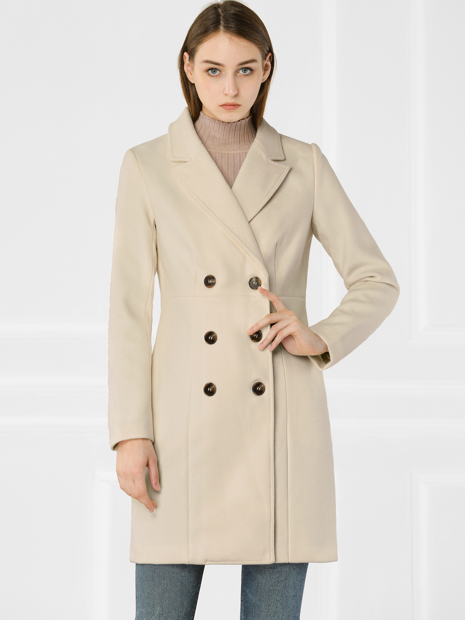 Notched Lapel Double Breasted Outwear Winter Long Coat Cream White/M - Allegra K catalog