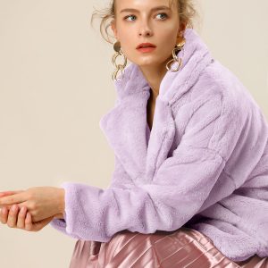 Allegra K Cropped Notch Lapel Faux Fur Fluffy Jacket Taro Purple/L - Allegra K catalog