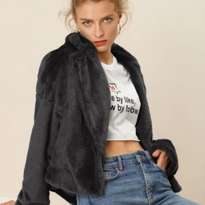 Allegra K Cropped Notch Lapel Faux Fur Fluffy Jacket Black/S - Allegra K catalog