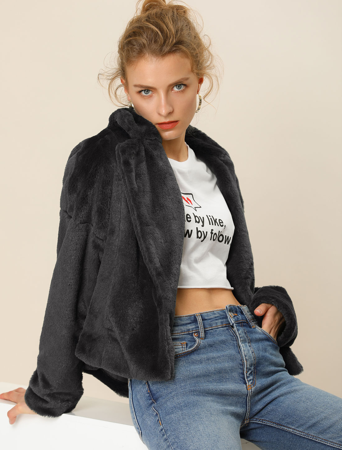 Allegra K Cropped Notch Lapel Faux Fur Fluffy Jacket Black/L - Allegra K catalog