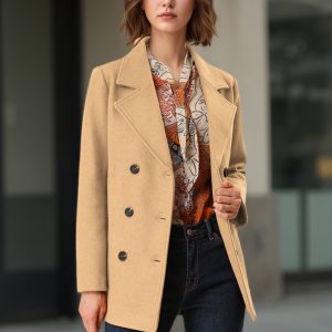 Long Sleeve Double Breasted Button Winter Outerwear Pea Coat Camel/XL - Allegra K catalog