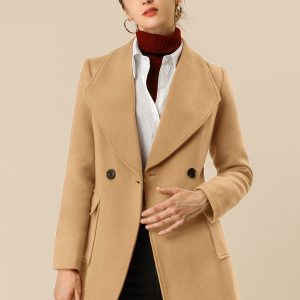 Shawl Collar Lapel Double Breasted Winter Belted Coat with Pockets Khaki/S - Allegra K catalog