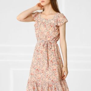 Floral Chiffon Flutter Sleeve Belted Square Neck Ruffled Hem Dress Pink/XS - Allegra K catalog