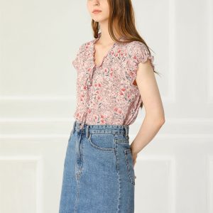Ditsy Floral Print Chiffon Short Sleeve Ruffle Blouse Pink/M - Allegra K catalog