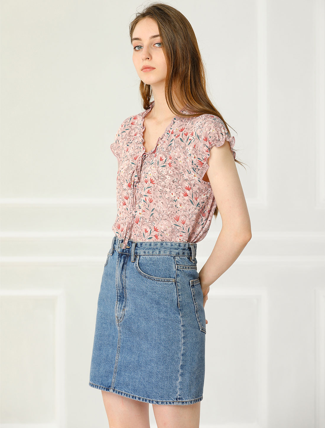 Ditsy Floral Print Chiffon Short Sleeve Ruffle Blouse Pink/M - Allegra K catalog