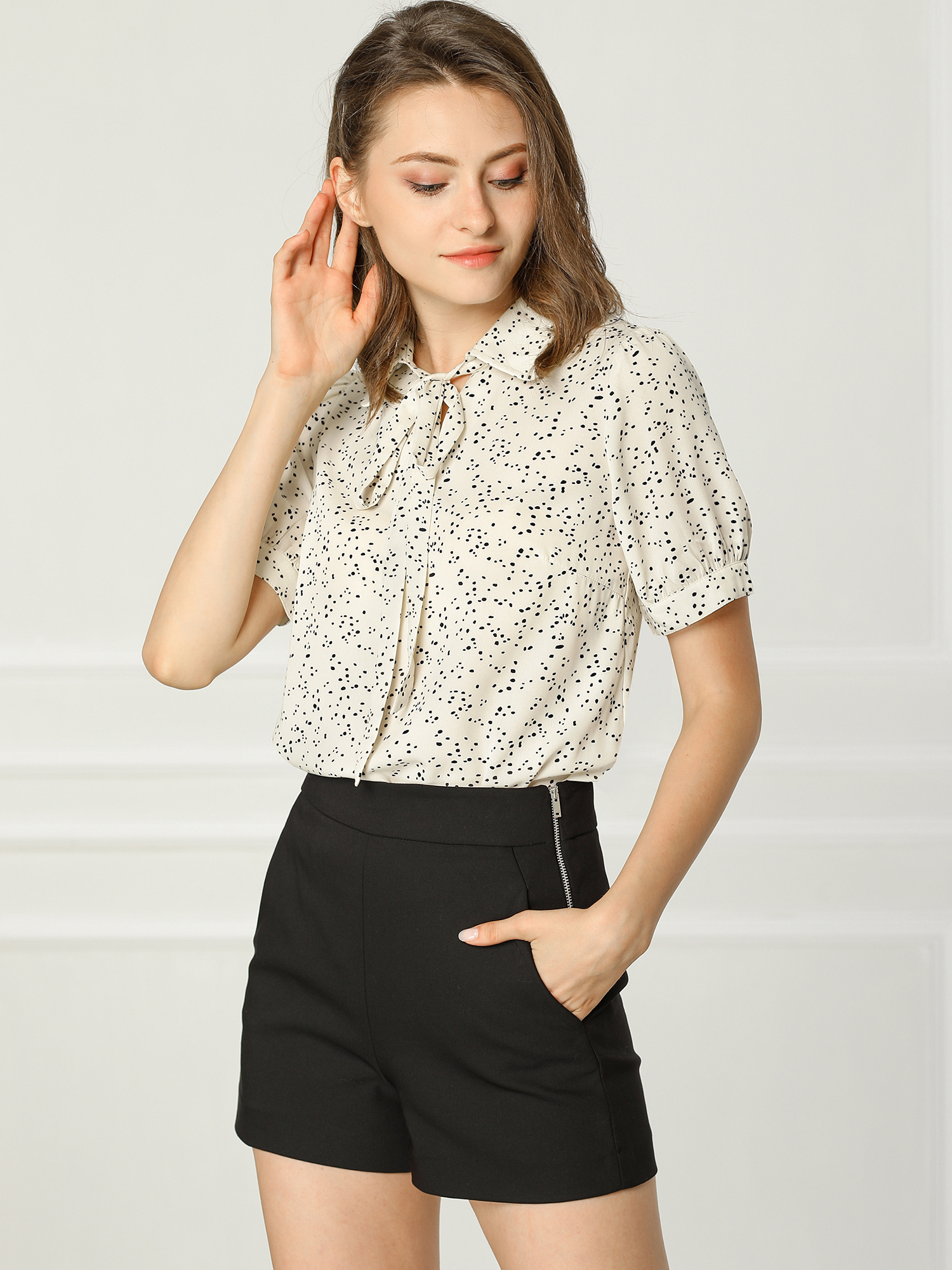 Retro Dots Bow Tie Peter Pan Collar Chiffon Blouse Cream White/L - Allegra K catalog