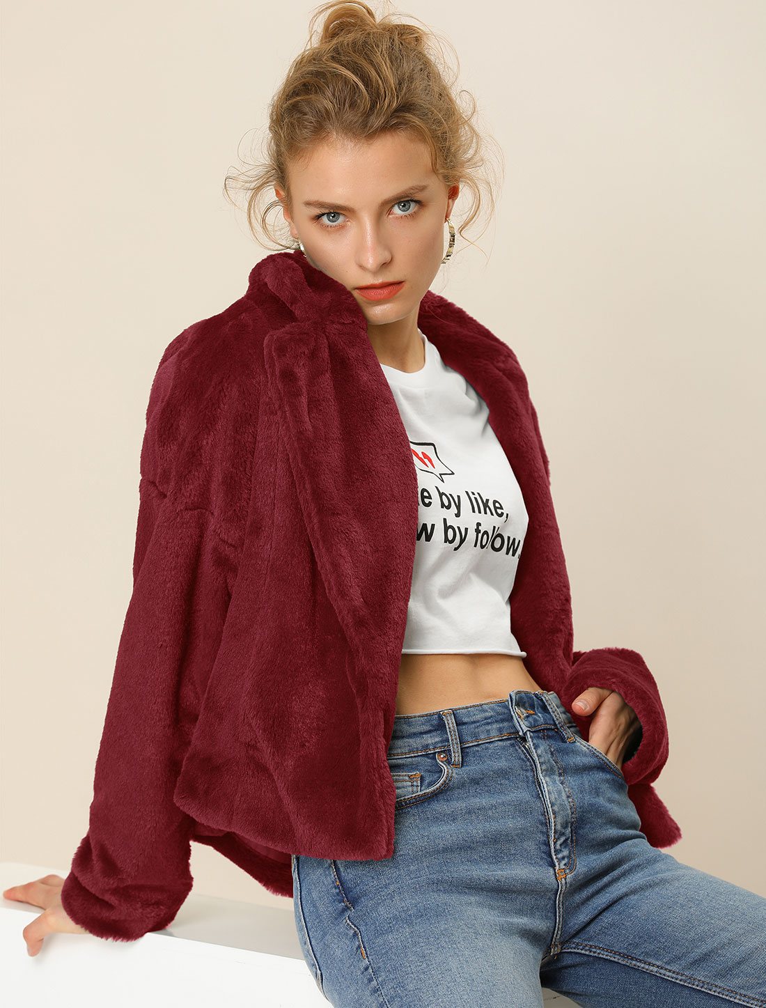 Allegra K Cropped Notch Lapel Faux Fur Fluffy Jacket Burgundy/XS - Allegra K catalog