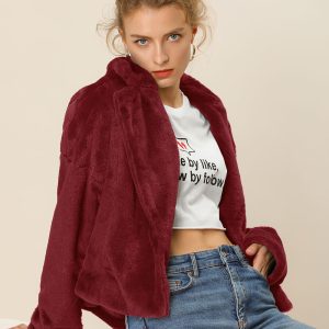 Allegra K Cropped Notch Lapel Faux Fur Fluffy Jacket Burgundy/L - Allegra K catalog