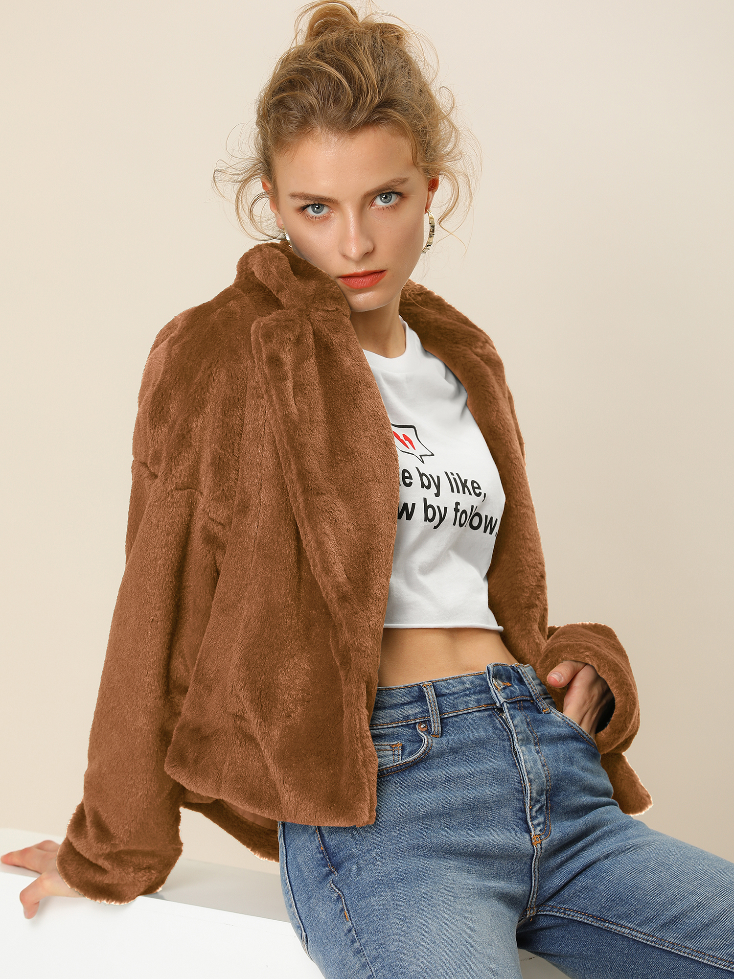 Allegra K Cropped Notch Lapel Faux Fur Fluffy Jacket Caramel/M - Allegra K catalog