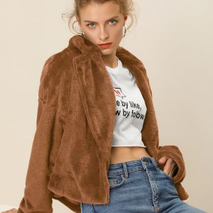 Allegra K Cropped Notch Lapel Faux Fur Fluffy Jacket Caramel/L - Allegra K catalog