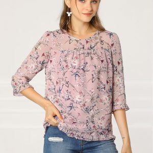 Casual Ruffle 3/4 Sleeve Floral Print Chiffon Blouse Pink/S - Allegra K catalog